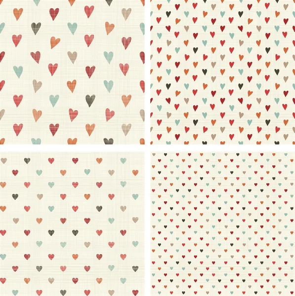 Collection of seamless patterns with hearts on retro colorful background — Stock Vector