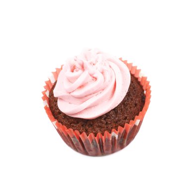 Çikolata muffin pembe krema izole ile