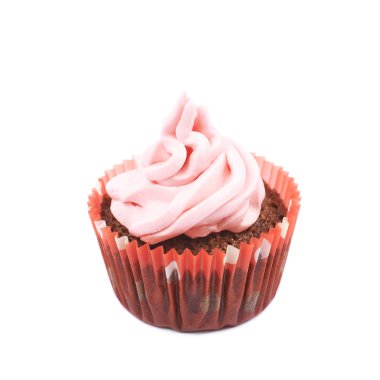Çikolata muffin pembe krema izole ile