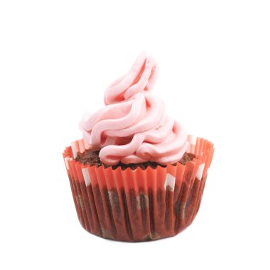 Çikolata muffin pembe krema izole ile