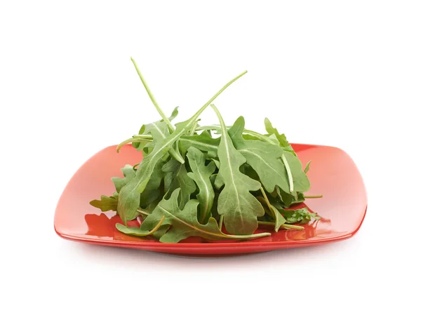 Assiette remplie de feuilles de salade de fusée isolées — Photo