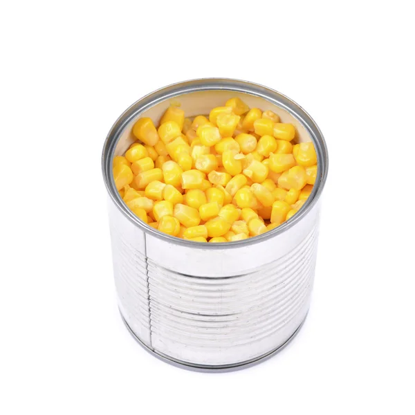 İzole bir tincan konserve mısır — Stok fotoğraf