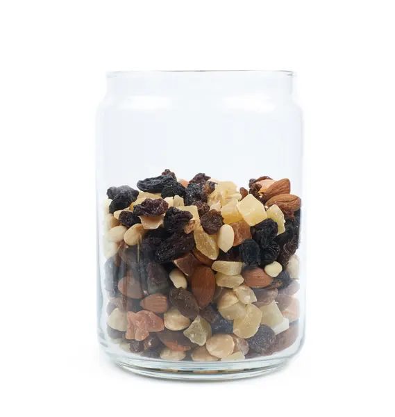 Jar of nuts and dried fruits — Stock Photo, Image