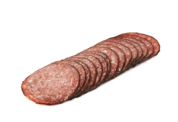 Pilha de várias fatias de salame isoladas — Fotografia de Stock