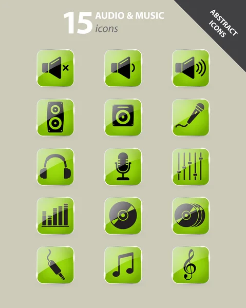 Verzameling van audio en muziek icons onder glas — Stockvector