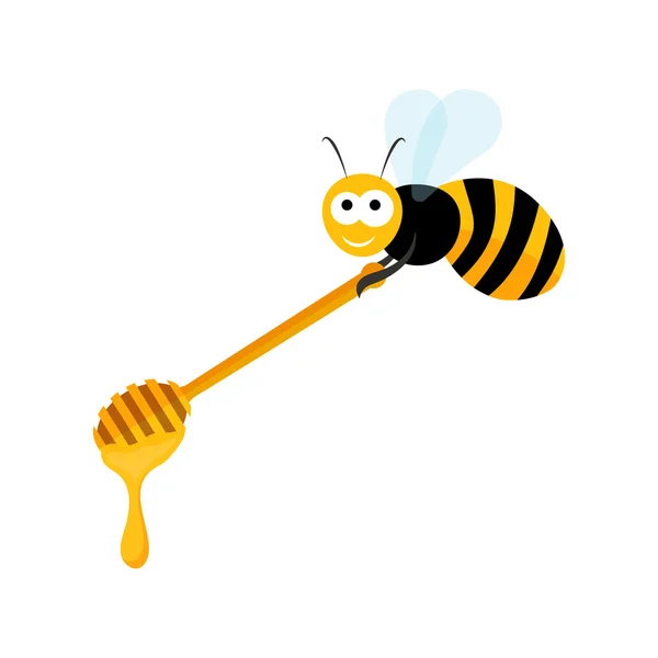 Linda abeja llevando una cuchara de miel — Vector de stock