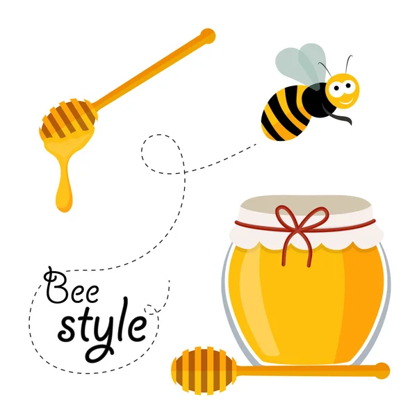 Biene, Honig und Honiglöffel im Vektor — Stockvektor