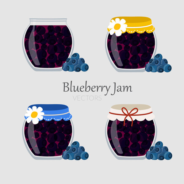 Collections of jars with blueberry marmalade