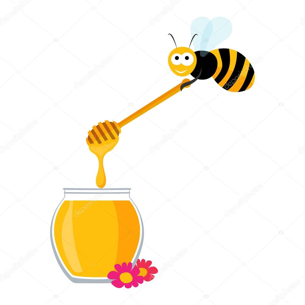 Cute bee carrying a wooden honey spoon and a jar of honey
