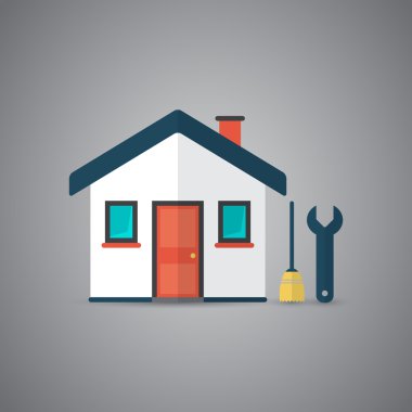 Süpürge ve somun anahtarı ile ev simgesini