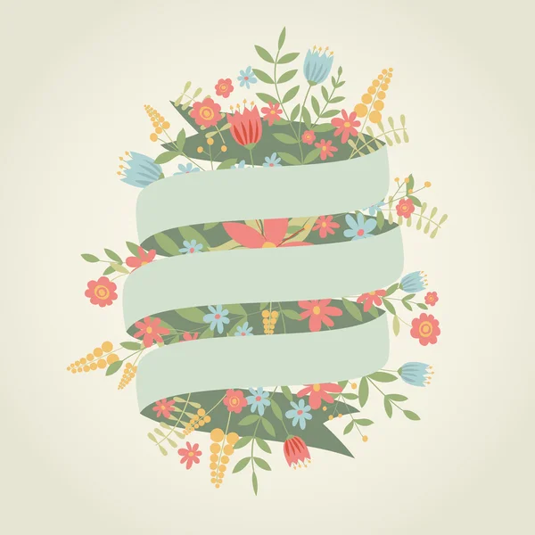 แบนเนอร์ริบบิ้นฤดูใบไม้ผลิวินเทจพร้อมดอกไม้ — ภาพเวกเตอร์สต็อก