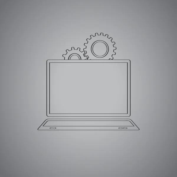 Esquema dibujado a mano icono de la computadora portátil con engranajes giratorios que simbolizan el desarrollo Vectores de stock libres de derechos