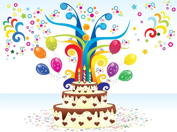 Abstracte kleurrijke birthday achtergrond met cake — Stockvector