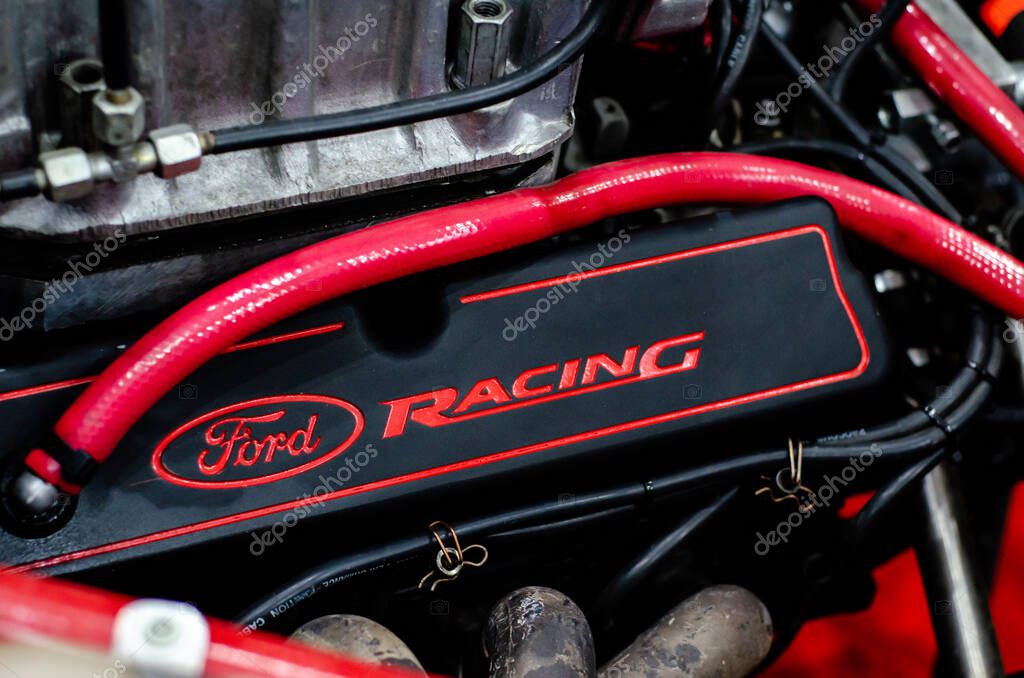 Kyiv, Ukraine - May 18, 2021: Ford racing logo on the car engine