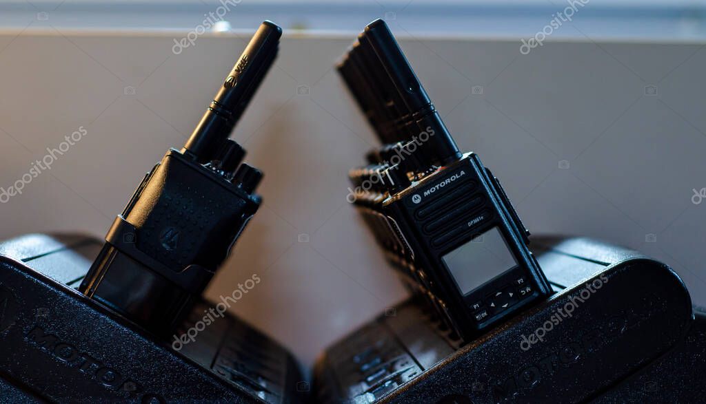 Kyiv, Ukraine - Jun 16, 2021: Digital portable radio stations Motorola