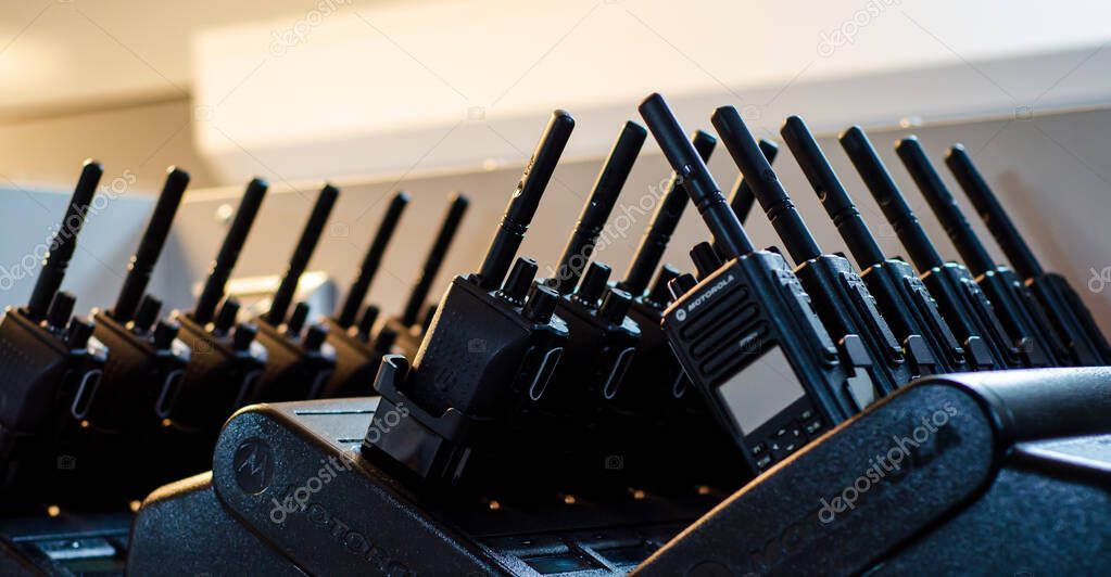 Kyiv, Ukraine - Jun 16, 2021: Digital portable radio stations Motorola