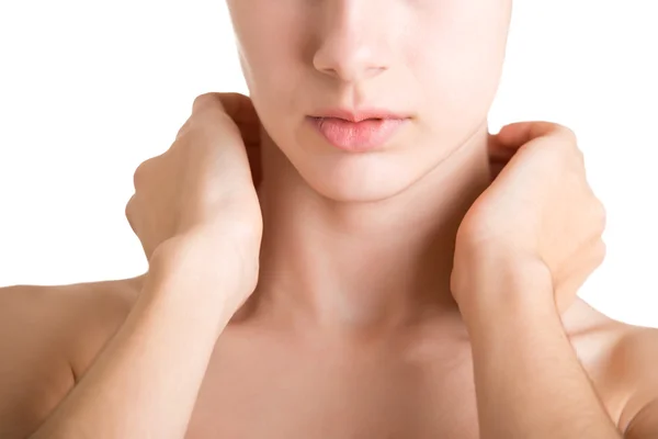 Mujer con las manos alrededor del cuello —  Fotos de Stock