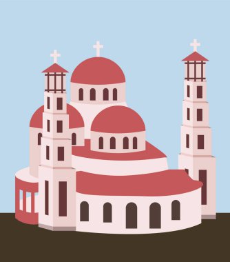 Arnavutluk peyzajı, Diriliş Katedrali, şehir merkezi, Korca; Arnavutluk, Kora, vektör illüstrasyonu