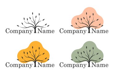 Ağaç logosu 4 çeşidinden oluşur: kış, bahar, yaz, sonbahar. Düz stil. Vektör illüstrasyonu.