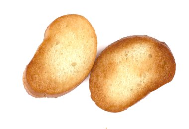 Kızarmış baget dilimi beyaz arka planda izole edilmiş. Tost, kızarmış ekmek..