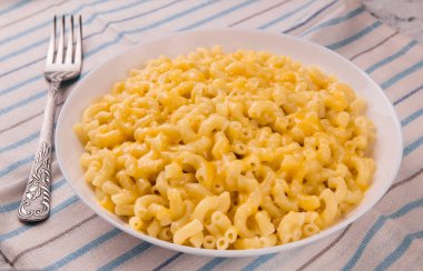 Beyaz tabakta gri arka planda peynirli makarna. Amerikan peynirli makarna