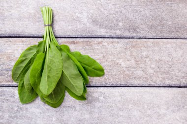 Bahar yeşili sebze çorbası ve salata için ahşap masadaki taze organik kuş sürüsü. Bahar yeşili sebzeler - doru ıspanak