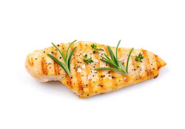 Beyaz arka planda baharatlı ızgara tavuk göğsü. Izgara mevsimi