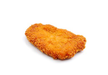 Beyaz arka planda kızarmış tavuk nugget, evde yemek. Ev yapımı fast food. Tavuklu şnitzel..