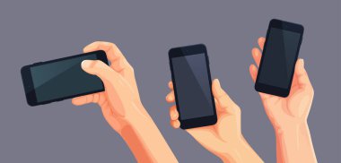 El vektörlü telefon seti. Düzenlenebilir tasarım için cep telefonu ekranındaki vektör el. Farklı poziyonlardaki el konumu kavramı. 