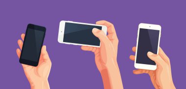 El vektörlü telefon seti. Düzenlenebilir tasarım için cep telefonu ekranındaki vektör el. Farklı poziyonlardaki el konumu kavramı. 