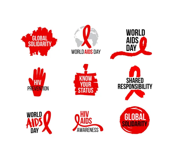 Aids and Hiv Awareness Red Ribbon (en inglés). CAMPAÑAS DEL DÍA MUNDIAL DEL SIDA icono, insignias, pegatina, etiqueta, diseño de etiquetas para la campaña publicitaria. Detener el SIDA. 1 de diciembre — Archivo Imágenes Vectoriales