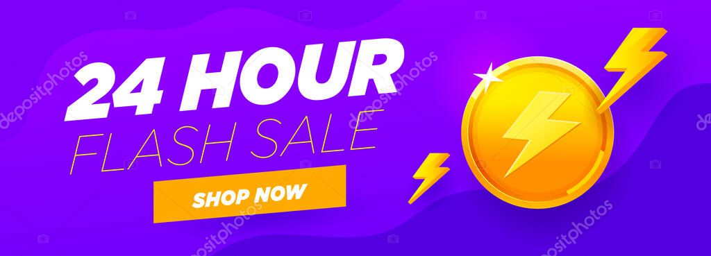 24 hour sale violet banner special discount with big gold coin, shop now button and abstract flash elements on purple background