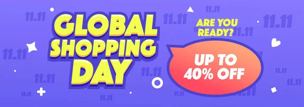 11.11 Compras globales Venta de banner horizontal o Promoción sobre fondo violeta. Ilustración del vector de compras en línea. — Archivo Imágenes Vectoriales