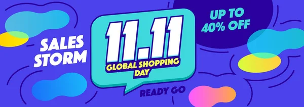 11.11 Shopping globale Vendita banner orizzontale o promozione su sfondo blu. Illustrazione vettoriale dello shopping online. — Vettoriale Stock