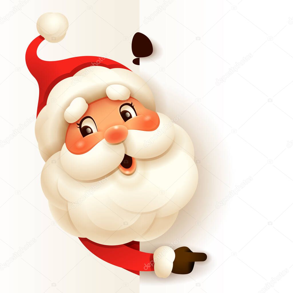 Santa Claus with big blank signboard. Wide empty space for design.