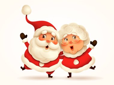 Noel Baba ve karısı Noel Anne omuz omuza. Sade arka planda Noel karakterinin vektör çizimi. İzole edilmiş.