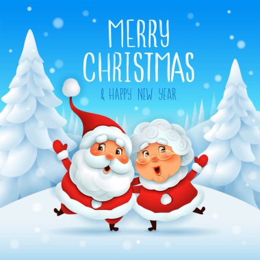 Mutlu Noeller! Noel Baba ve karısı Noel Anne omuz omuza. Kar sahnesinde Noel karakterinin vektör illüstrasyonu.