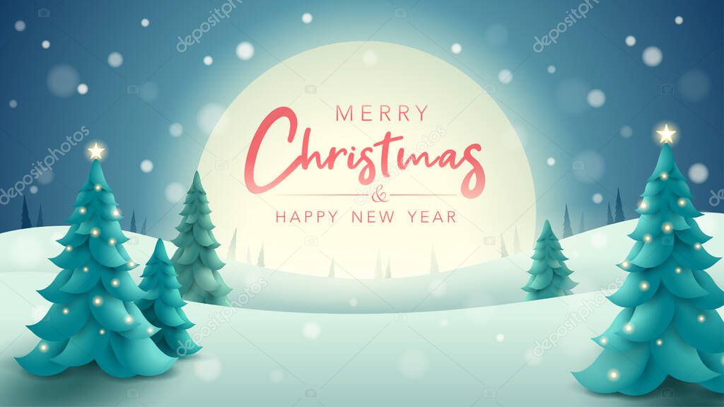 Merry Christmas. Vertical winter landscape background with Christmas tree. 