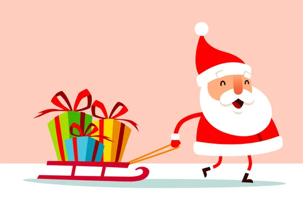 サンタクロースはクリスマスプレゼントの箱でそりを引く 平面ベクトルのコンセプトイラスト — ストックベクタ