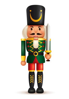 Kılıçlı Noel fındıkkıranı askeri. Antik geleneksel oyuncak bebek..