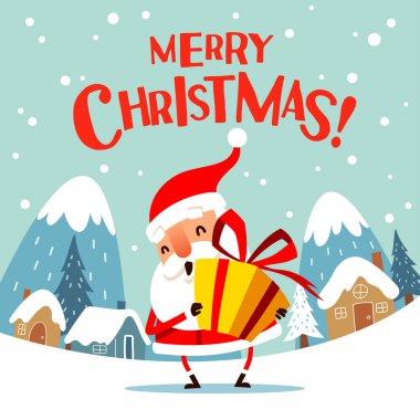 Mutlu Noeller! Noel Baba, kar sahnesinde hediye paketini elinde tutuyor. Düz vektör çizimi.