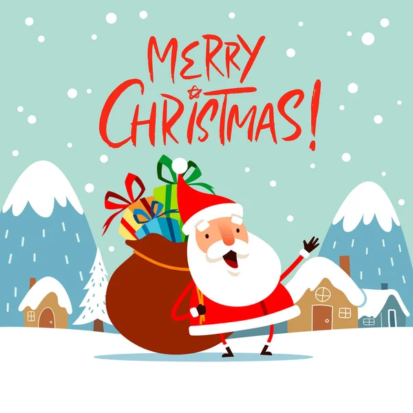 Feliz Navidad Santa Claus Lleva Una Bolsa Llena Regalos Caja — Vector de stock