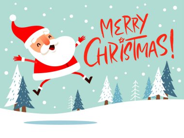 Mutlu Noeller! Noel Baba kar sahnesinde heyecanla zıplıyor. Düz vektör çizimi.