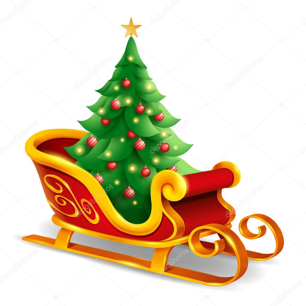 Santa Claus sleigh with Christmas tree. Isolated.