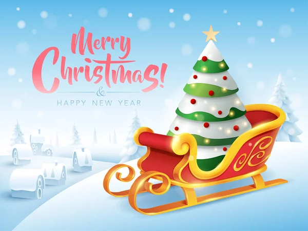 Веселого Різдвяного Вітання Santa Claus Sleigh Christmas Tree Small Village — стоковий вектор