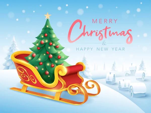 Merry Christmas Greeting Card Santa Claus Sleigh Christmas Tree Small — Stock Vector
