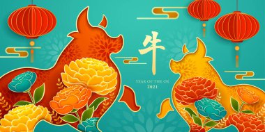 Paper cut of two oxen shape with paper graphic of flowers and red lantern. Happy Chinese New Year 2021. Year of Ox. Translation - Ox. clipart