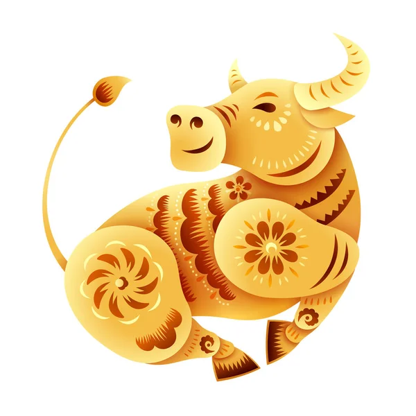 Orientalny Papier Graficzny Wycinane Sztuki Złotego Wołu Symbol Kwiatowym Wzorem — Wektor stockowy