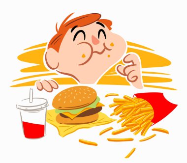 Küçük bir çocuk mutlu bir şekilde fast food yiyor.