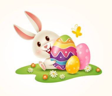 Paskalya tavşanı ve Paskalya yumurtası çimlere boyanmış. İzole edilmiş. 